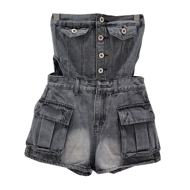 [EWQ] tendance européenne femmes simple boutonnage taille creuse sans bretelles gris Denim combinaison vêtements jambe Large et grande poche 16U8917