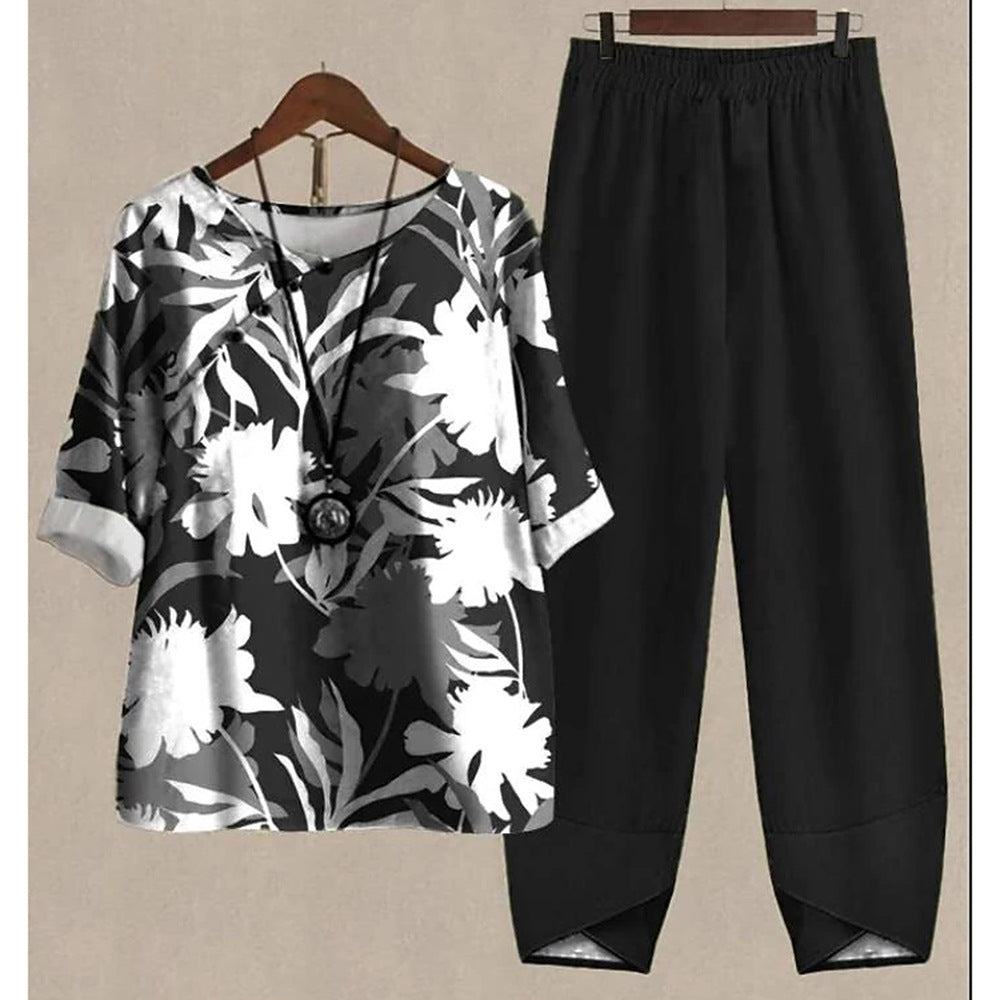 Women's Printed Loose Casual Short Sleeved Pants Set