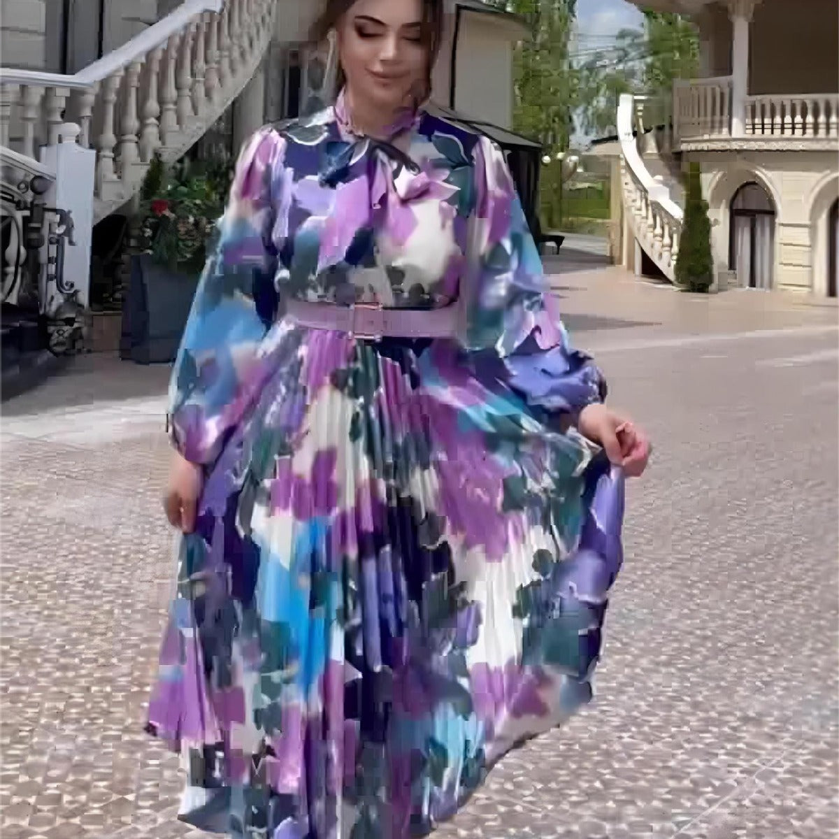 Vestido con diseño de estampado y cuello de bufanda para mujer, elegante vestido con mangas abullonadas y recorte de cintura