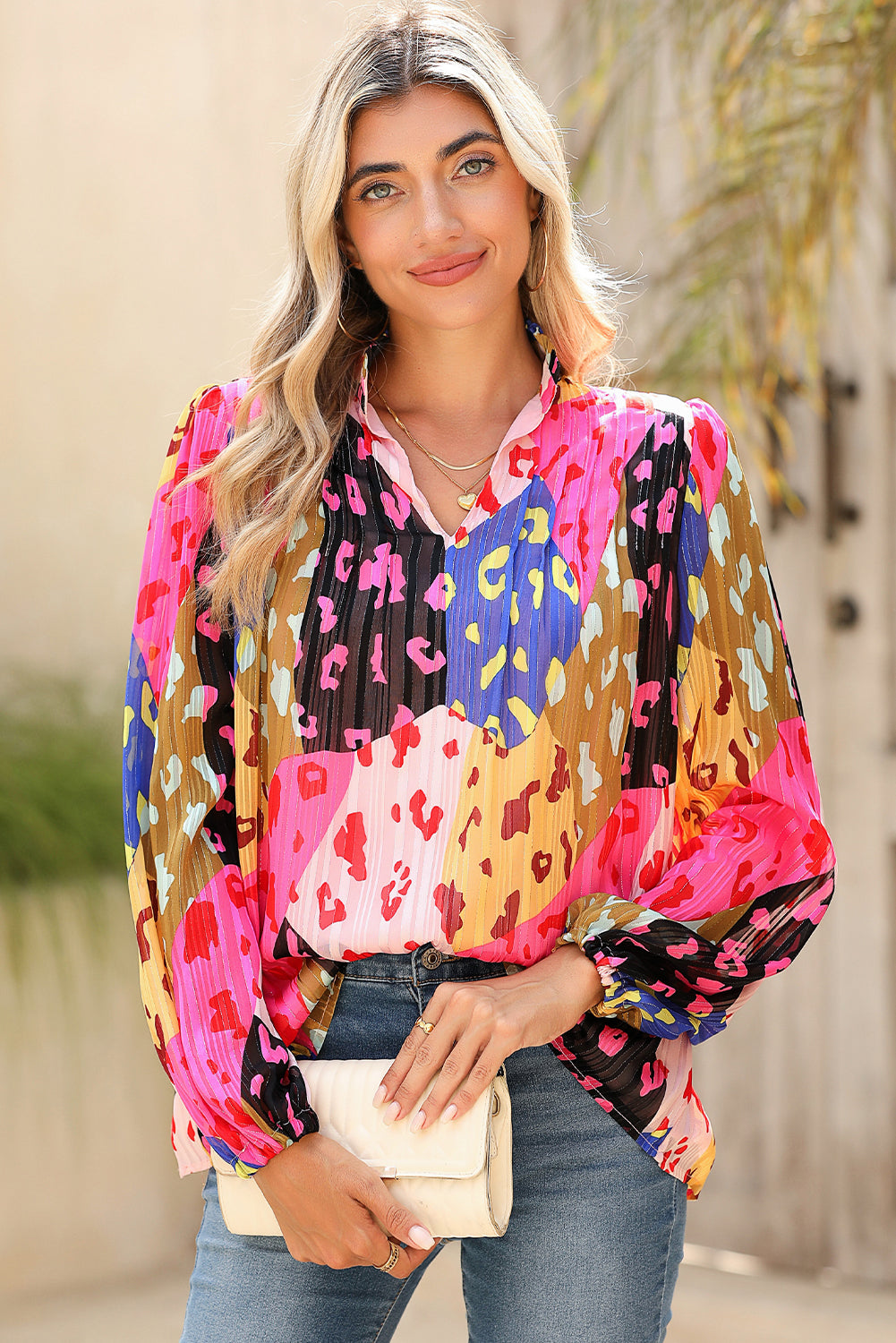 Rose Leopard Print Puff Sleeve Crinkle Blouse