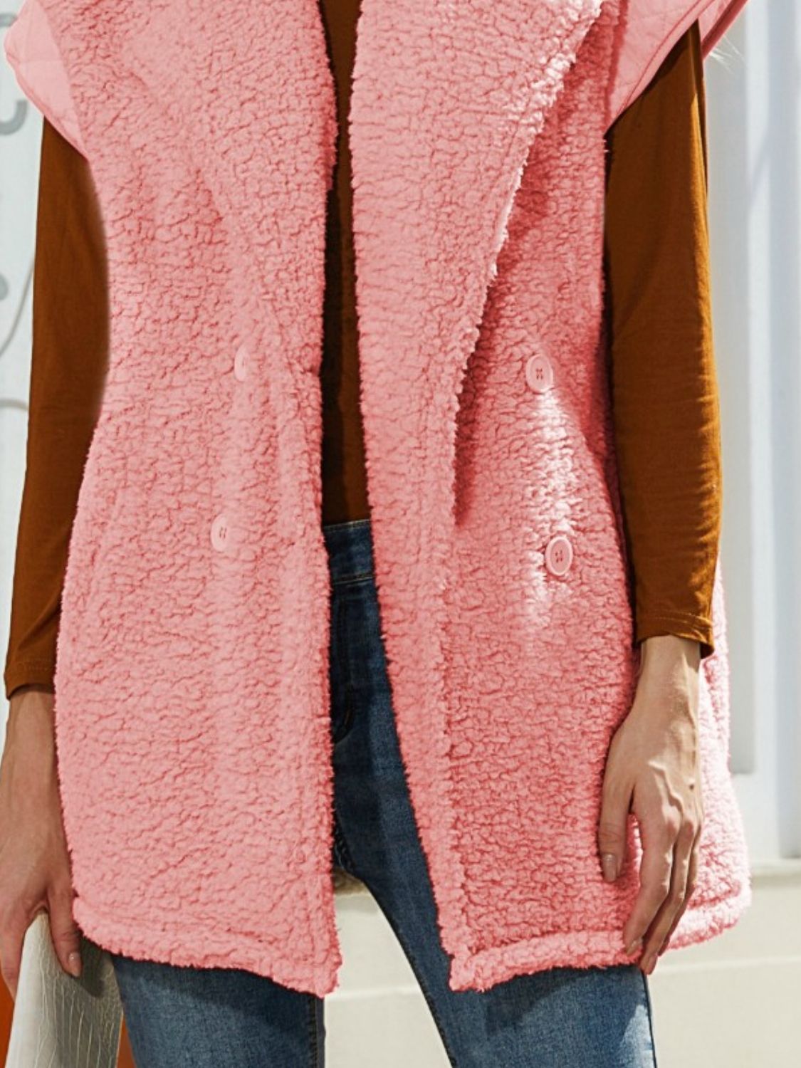 Fuzzy Collared Neck Button Up Vest Coat