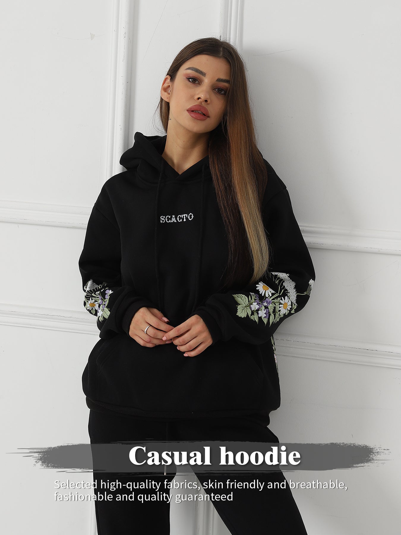 Sudadera de manga larga con estampado floral de color liso para mujer