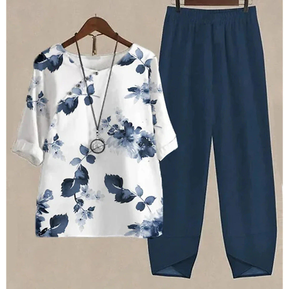 Women's Printed Loose Casual Short Sleeved Pants Set