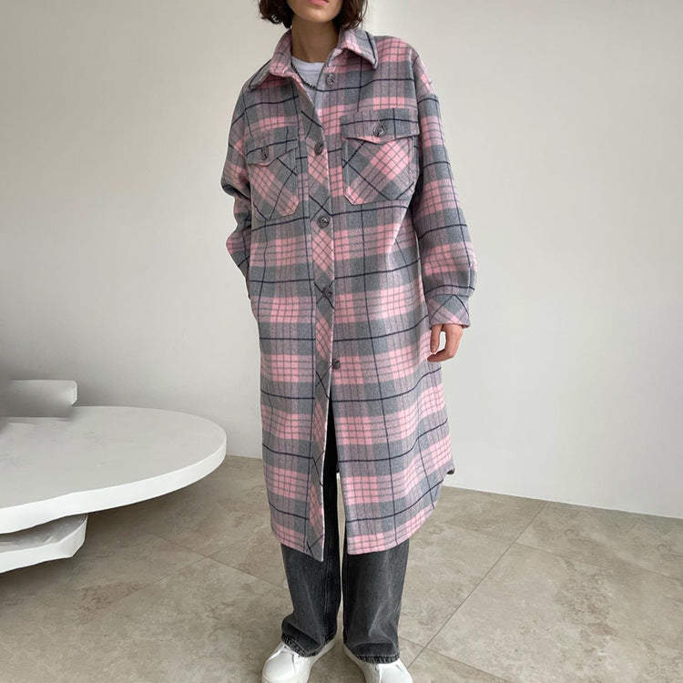 Women's Long-sleeved Lapel Plaid Coat Casual