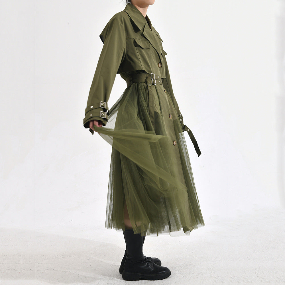 Manteau coupe-vent vert à coutures en maille de style coréen pour femmes