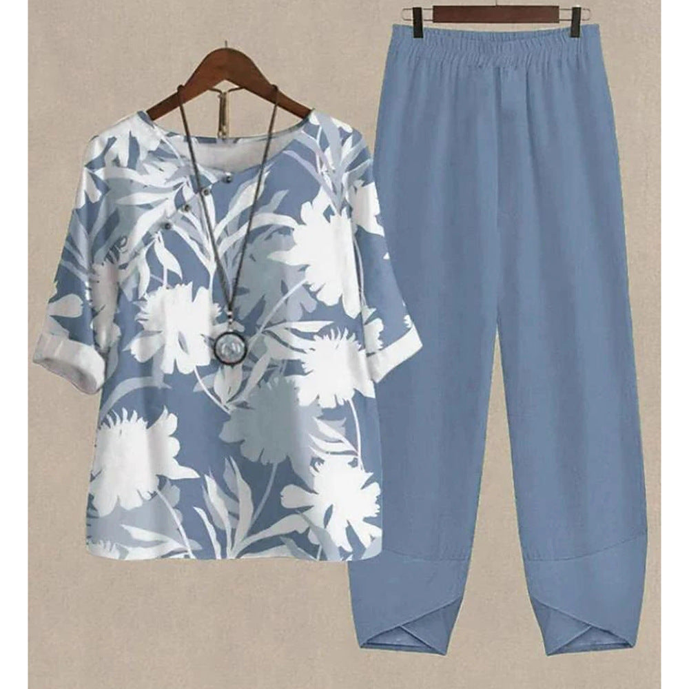 Women's Printed Loose Casual Short Sleeved Pants Set