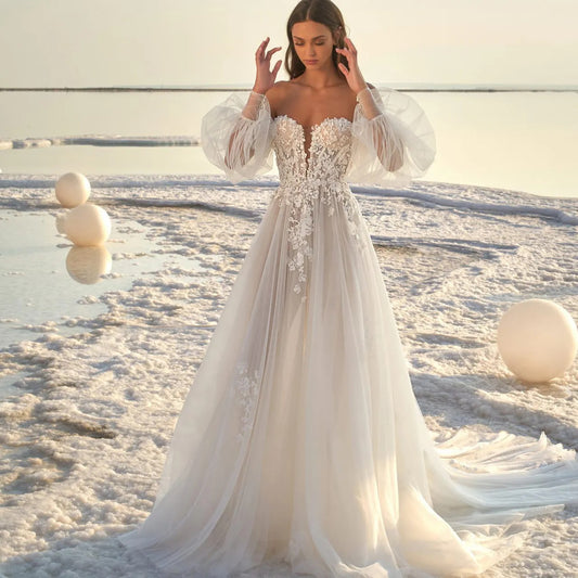 Robe de mariée de plage à manches bouffantes pour femmes