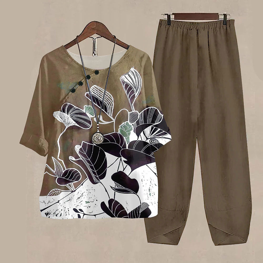 Women's Printed Loose Casual Short Sleeved Pants Set