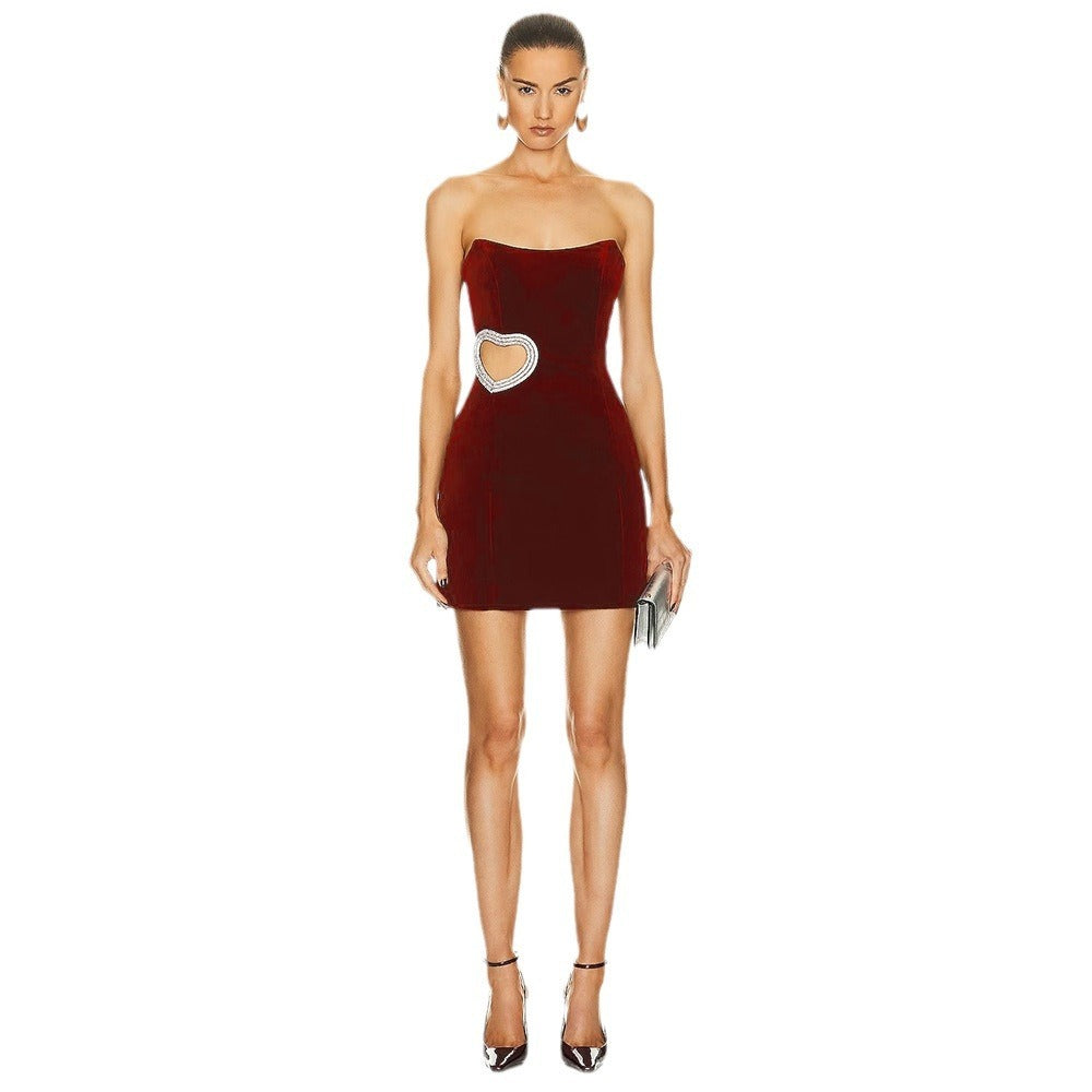 Vestido con top de tubo de diamante en forma de corazón ahuecado rojo vino para mujer