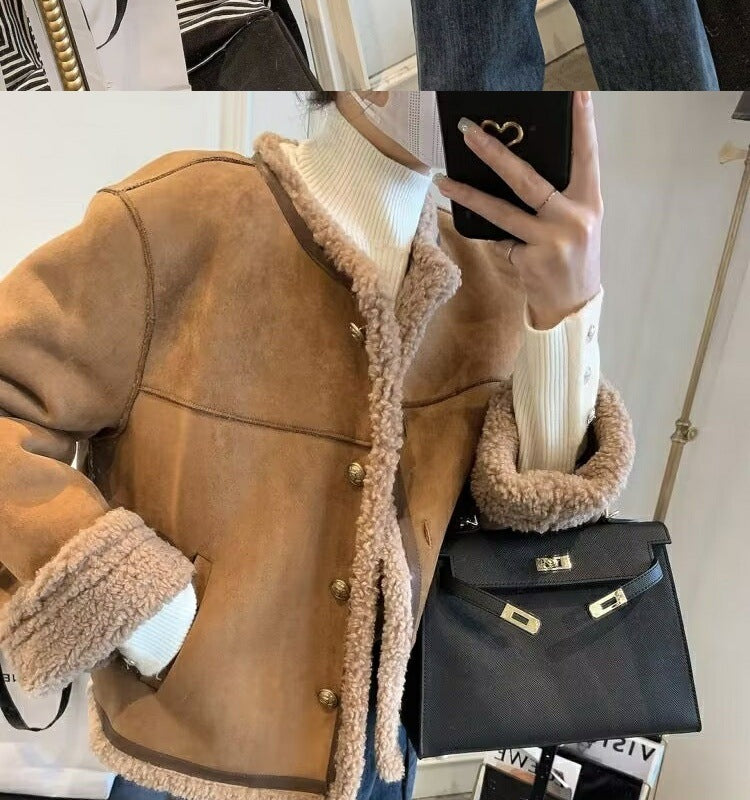 Veste ample courte en peluche et laine d'agneau épaisse pour femme