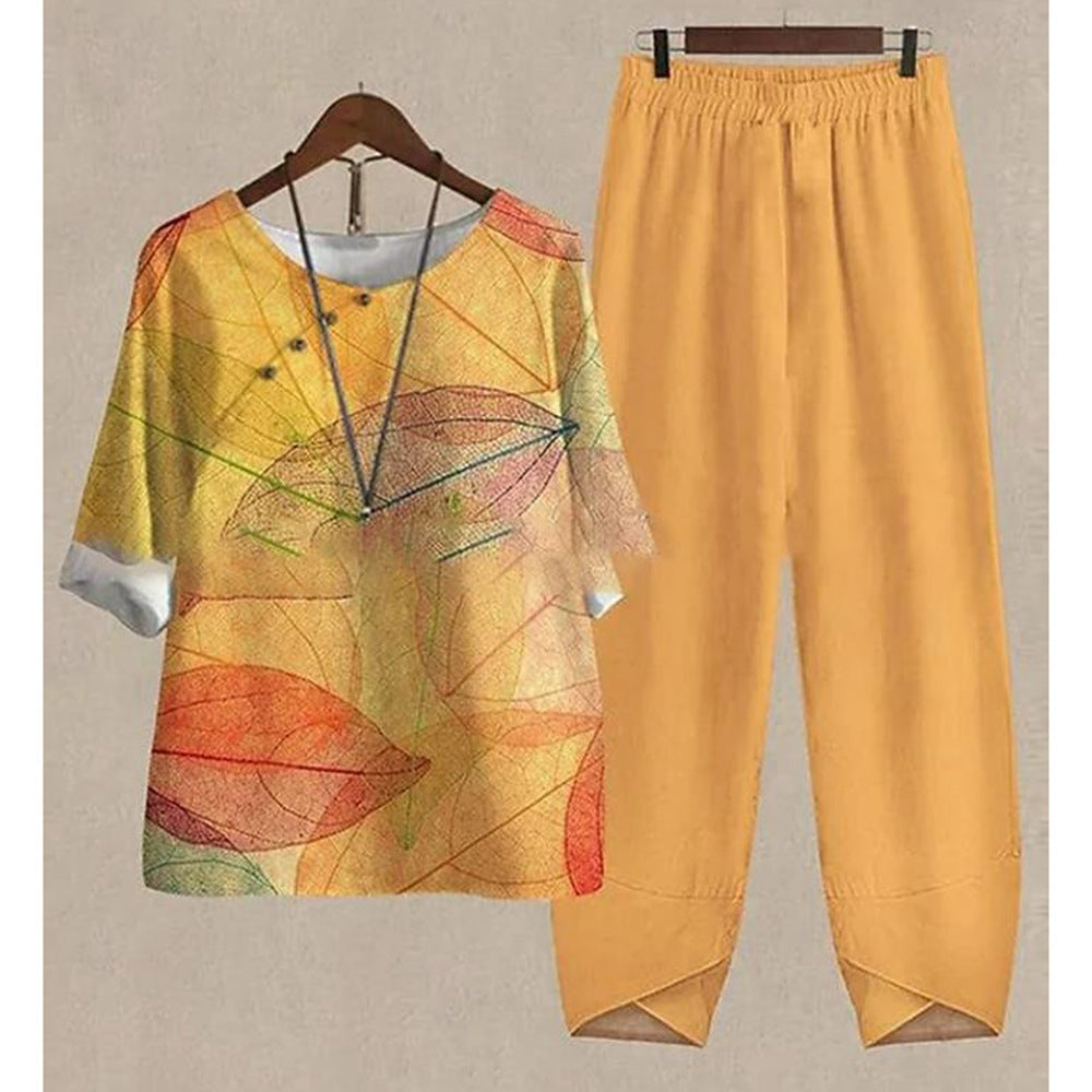 Women's Printed Loose Casual Short Sleeved Pants Set