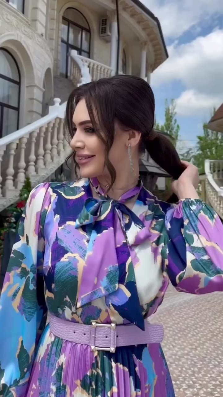 Vestido con diseño de estampado y cuello de bufanda para mujer, elegante vestido con mangas abullonadas y recorte de cintura