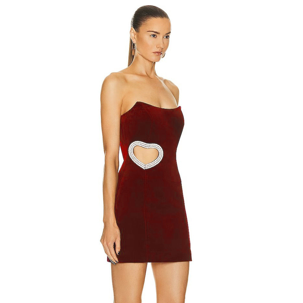 Vestido con top de tubo de diamante en forma de corazón ahuecado rojo vino para mujer