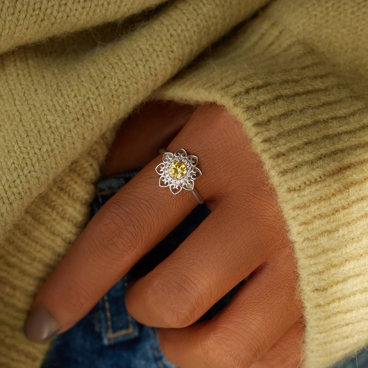 Bague en argent sterling 925 plaqué platine avec zircon en forme de fleur