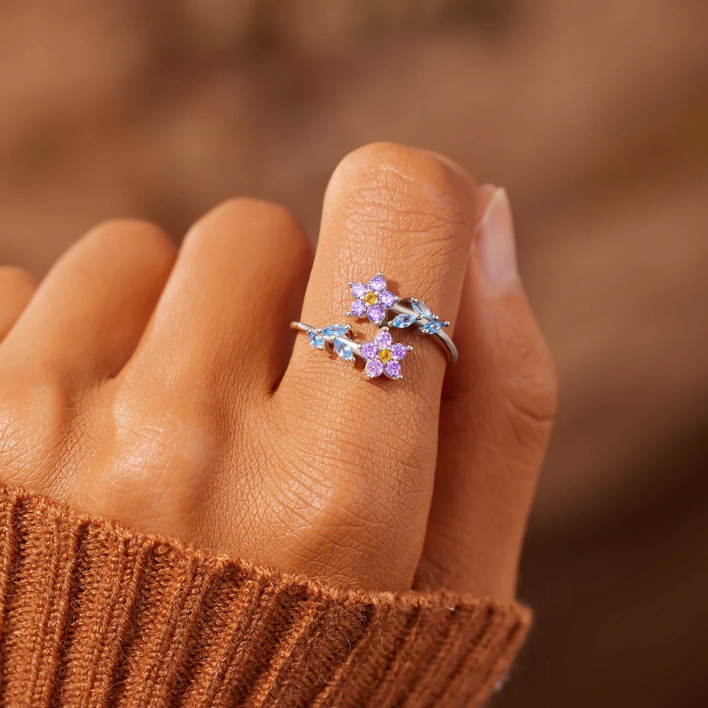 Bague en argent sterling 925 avec zircon incrusté en forme de fleur