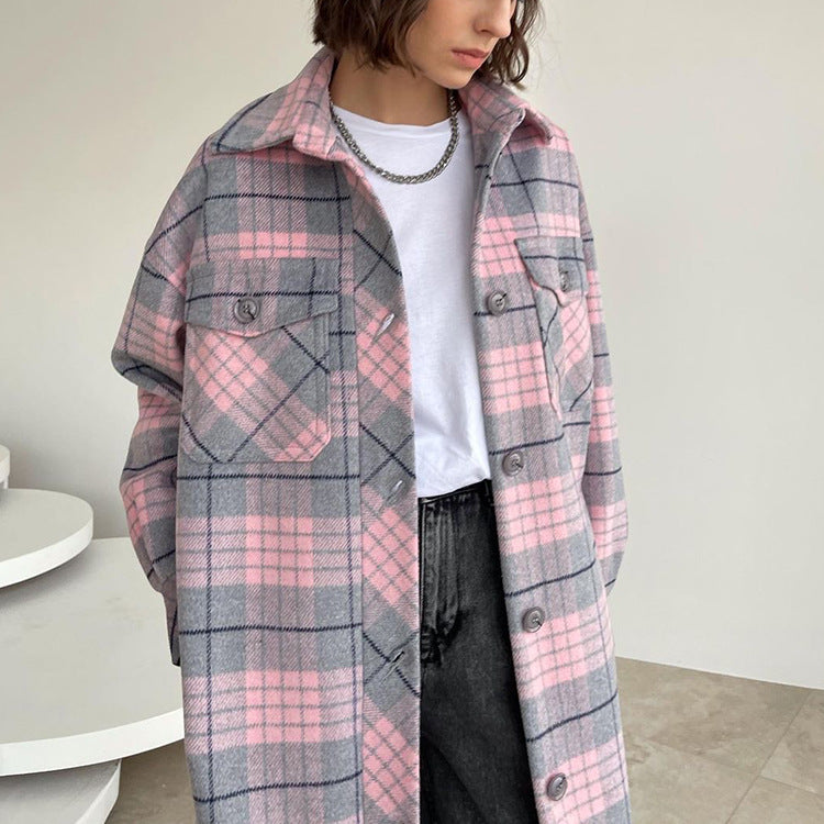 Women's Long-sleeved Lapel Plaid Coat Casual