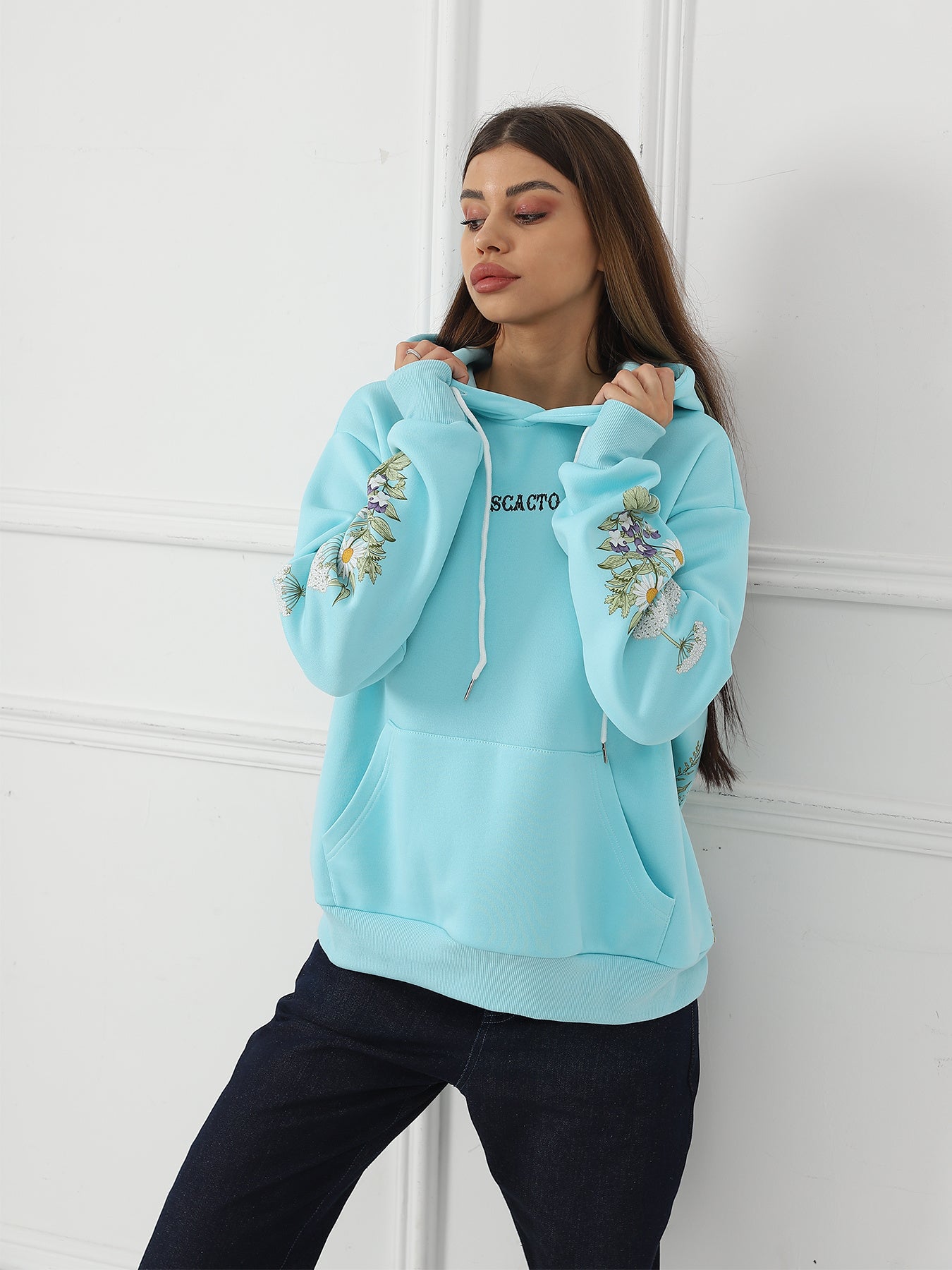 Sudadera de manga larga con estampado floral de color liso para mujer