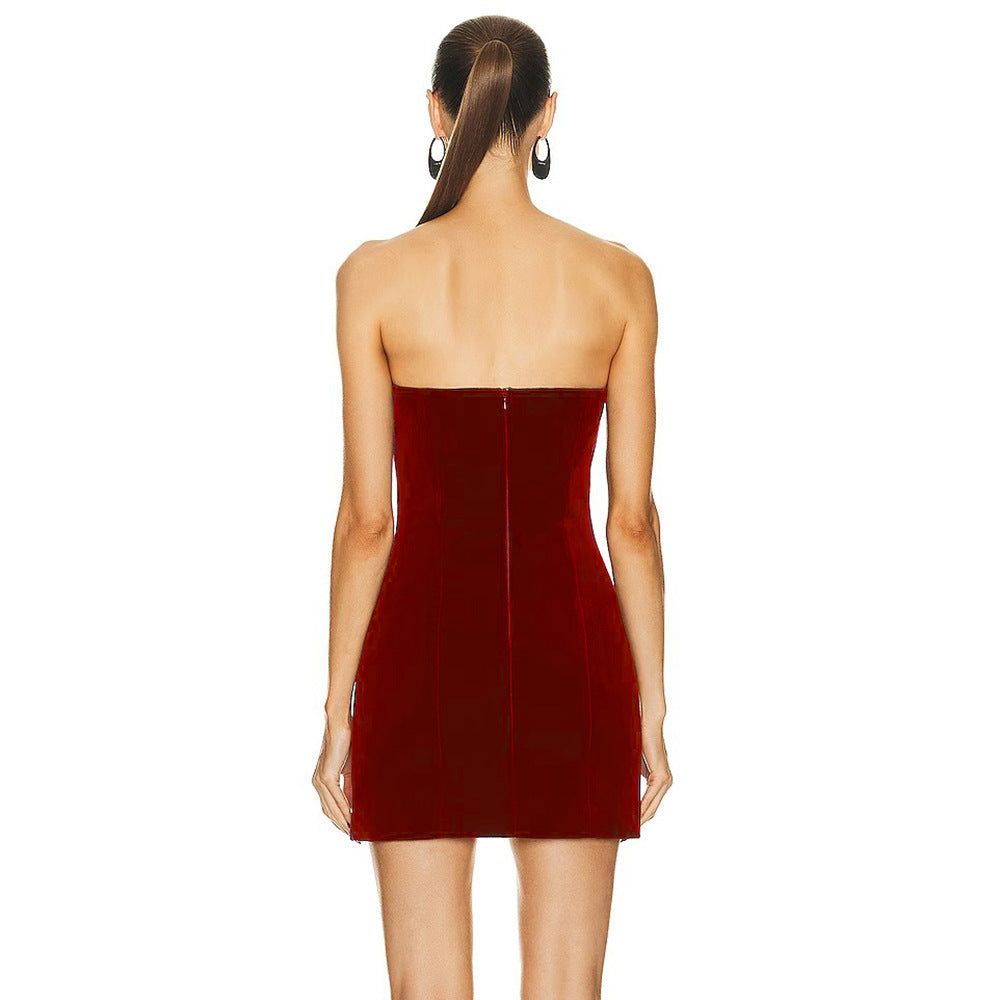 Vestido con top de tubo de diamante en forma de corazón ahuecado rojo vino para mujer